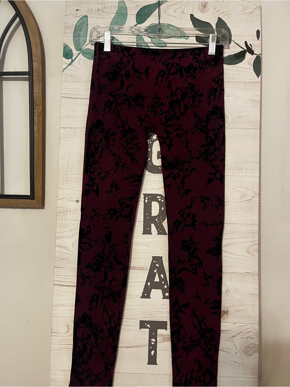 Poof! Maroon Leggings with Black Floral Print